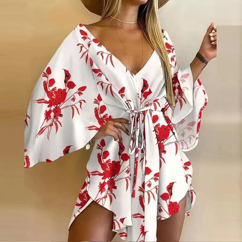 2023 New Summer Beach Elegant Dresses Women Sexy V Neck Lace-up Floral Print Mini Dress Casual Flared Sleeves Ladies Party Dress - Image 13