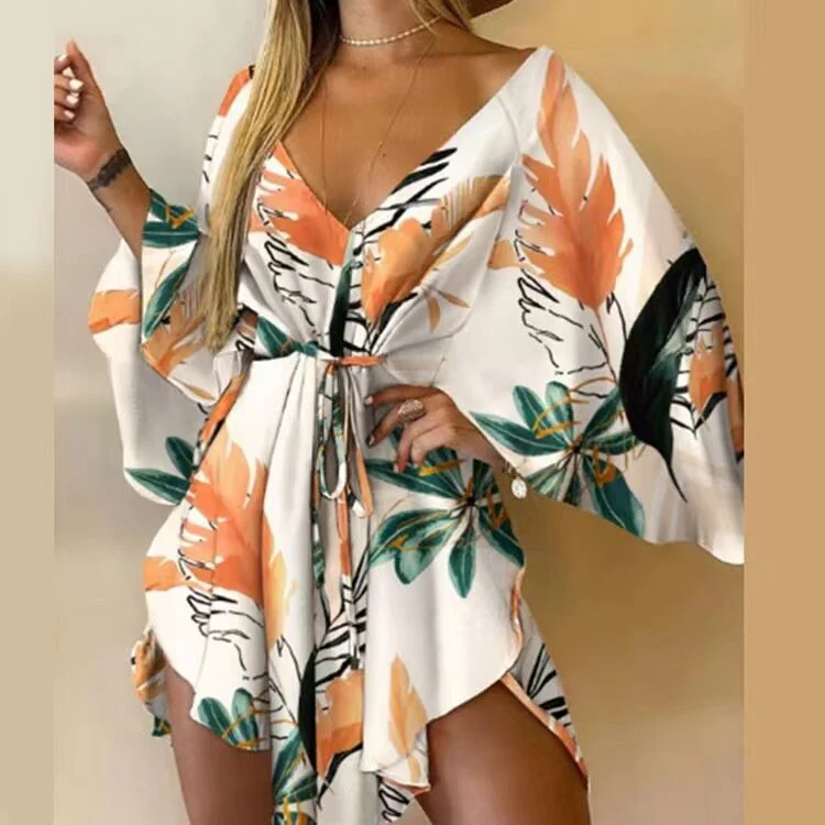 2023 New Summer Beach Elegant Dresses Women Sexy V Neck Lace-up Floral Print Mini Dress Casual Flared Sleeves Ladies Party Dress - Image 4