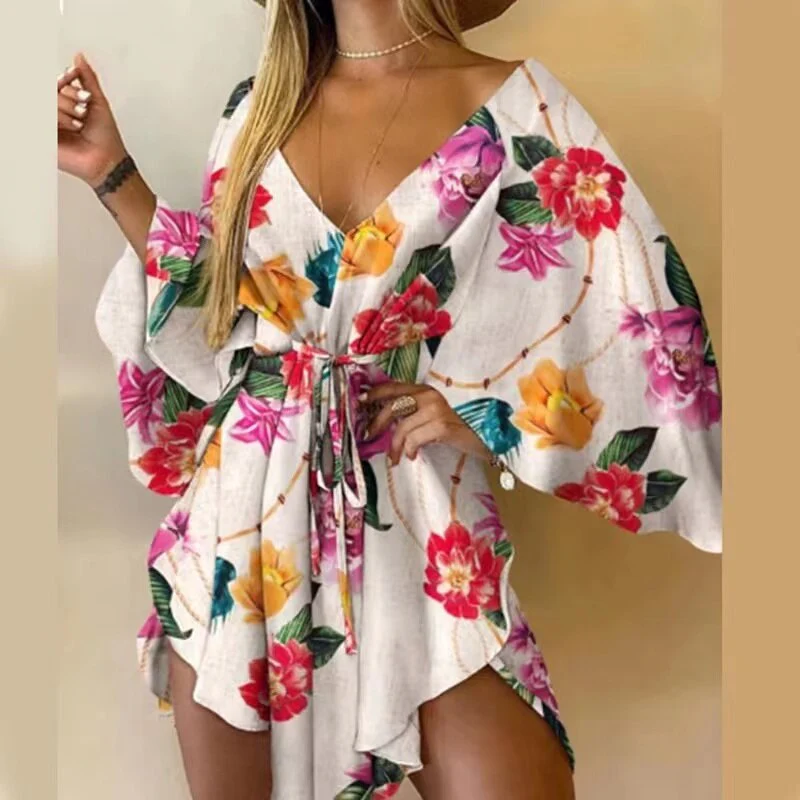 2023 New Summer Beach Elegant Dresses Women Sexy V Neck Lace-up Floral Print Mini Dress Casual Flared Sleeves Ladies Party Dress - Image 5