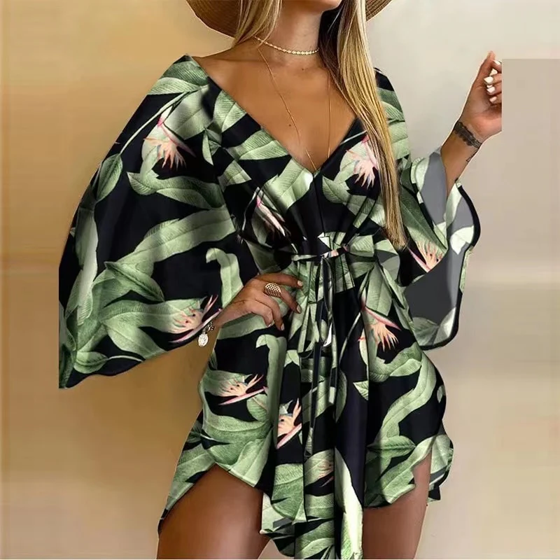 2023 New Summer Beach Elegant Dresses Women Sexy V Neck Lace-up Floral Print Mini Dress Casual Flared Sleeves Ladies Party Dress - Image 6