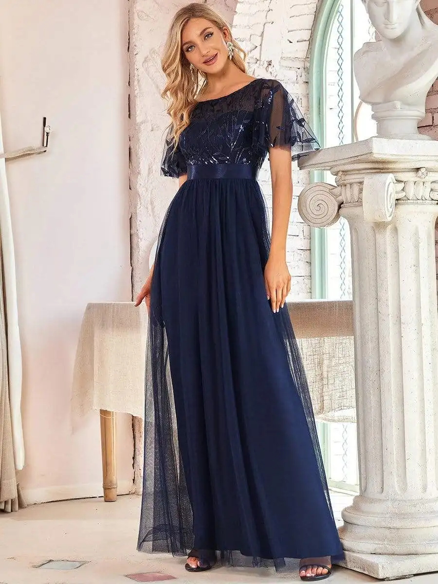 2023 New Women's Burgundy A-Line Sequin Mesh Leaf Maxi Prom Dress Sparkle Evening Dresses O-Neck Short Sleeve Long Dress - Image 4