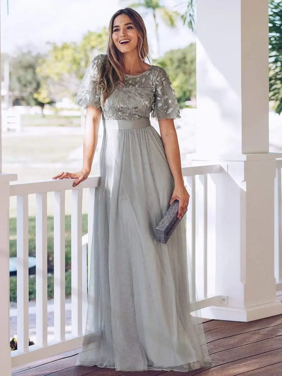 2023 New Women's Burgundy A-Line Sequin Mesh Leaf Maxi Prom Dress Sparkle Evening Dresses O-Neck Short Sleeve Long Dress - Image 5