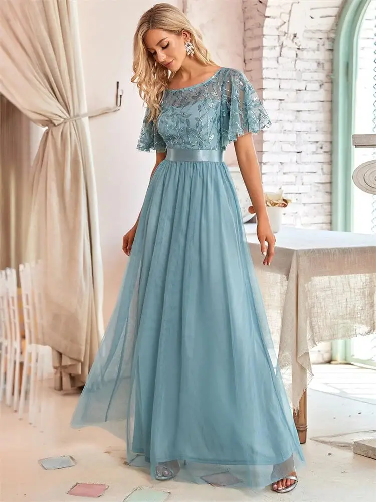 2023 New Women's Burgundy A-Line Sequin Mesh Leaf Maxi Prom Dress Sparkle Evening Dresses O-Neck Short Sleeve Long Dress - Image 7