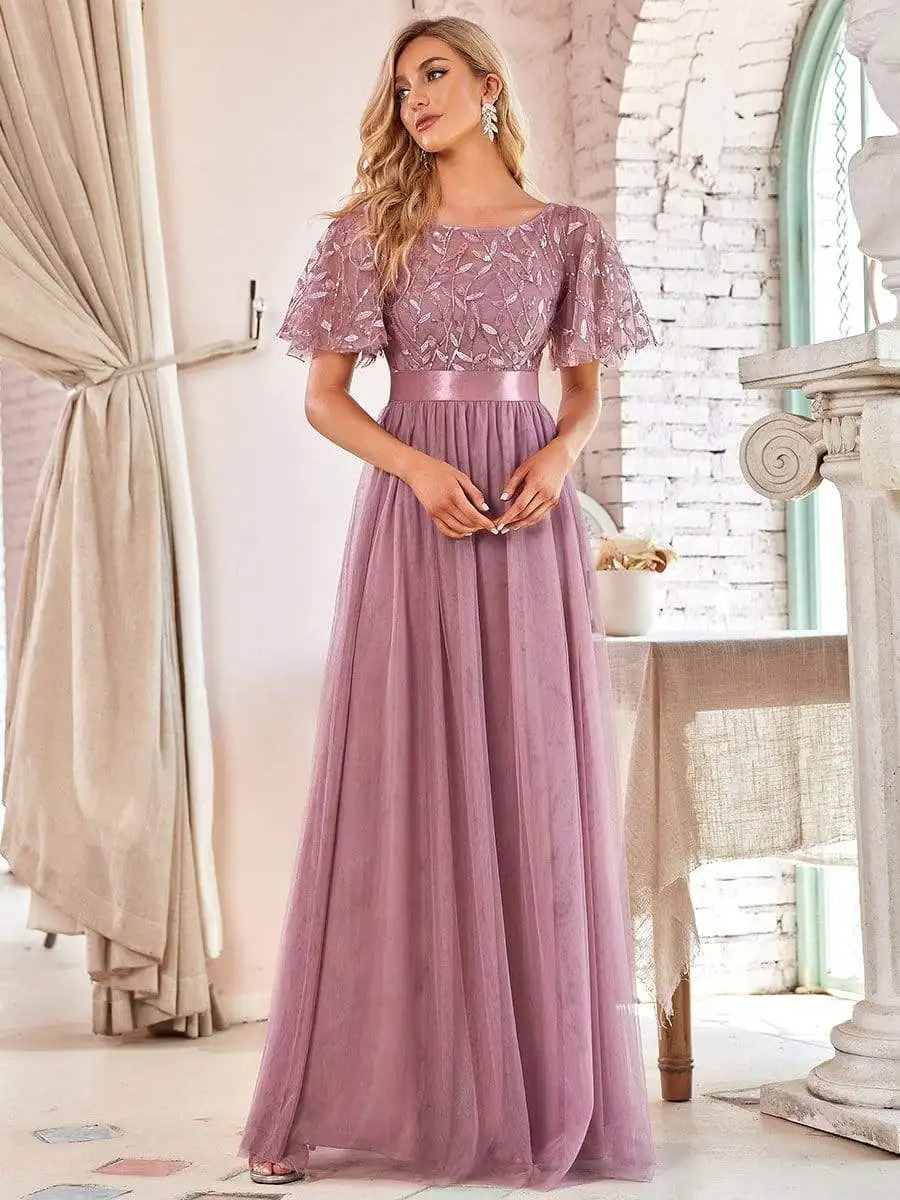 2023 New Women's Burgundy A-Line Sequin Mesh Leaf Maxi Prom Dress Sparkle Evening Dresses O-Neck Short Sleeve Long Dress - Image 8
