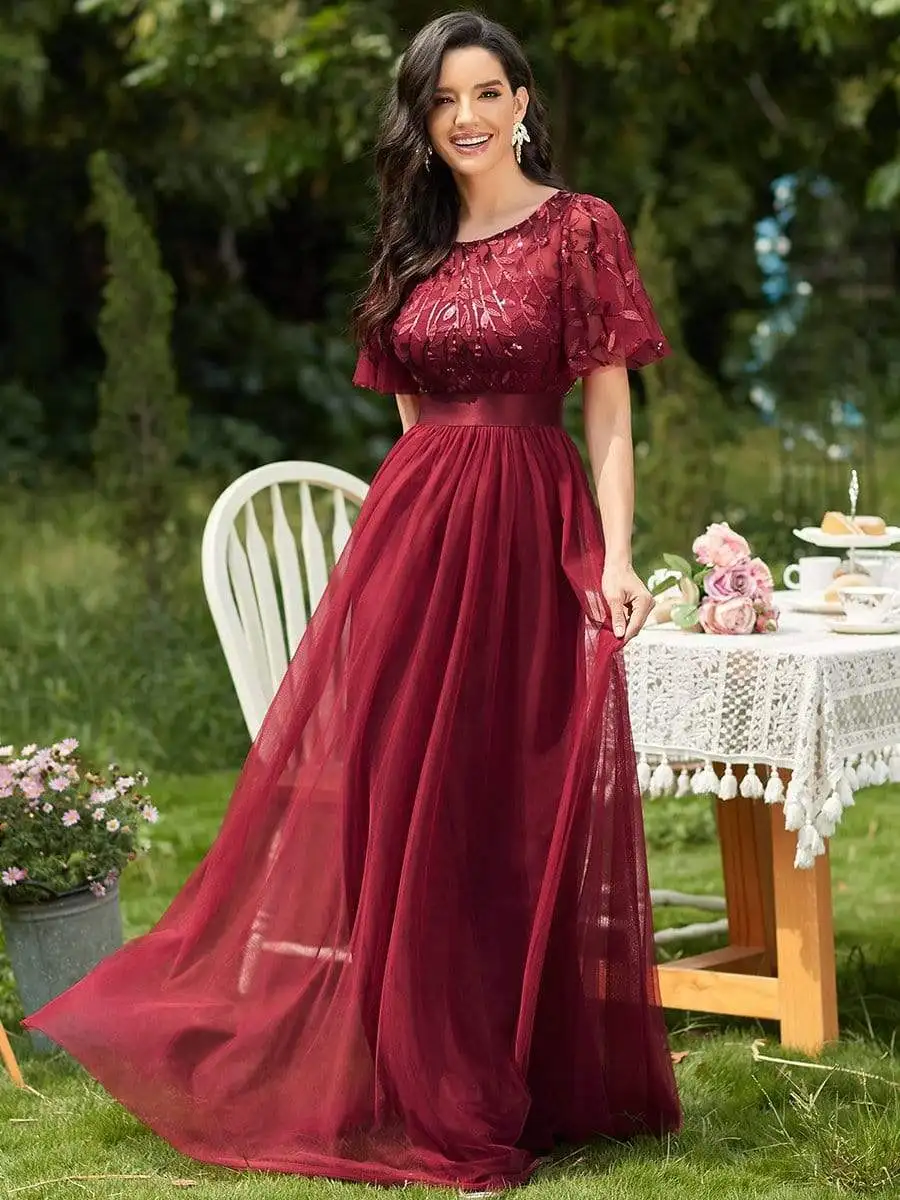 2023 New Women's Burgundy A-Line Sequin Mesh Leaf Maxi Prom Dress Sparkle Evening Dresses O-Neck Short Sleeve Long Dress - Image 9