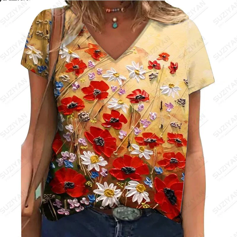 2023 New Women's Top T-shirt Loose V-neck Comfortable Top Summer Cool 3D Printing Original Stay Simple Fragmented Flower Large - Image 6