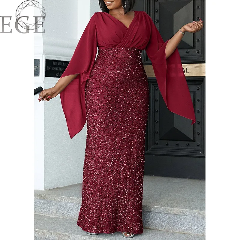 2023 Plus Size Luxury Dress Shiny Chiffon Loose Sherfang Plus Size Elegant Banquet Midi V Neck Dress - Image 4