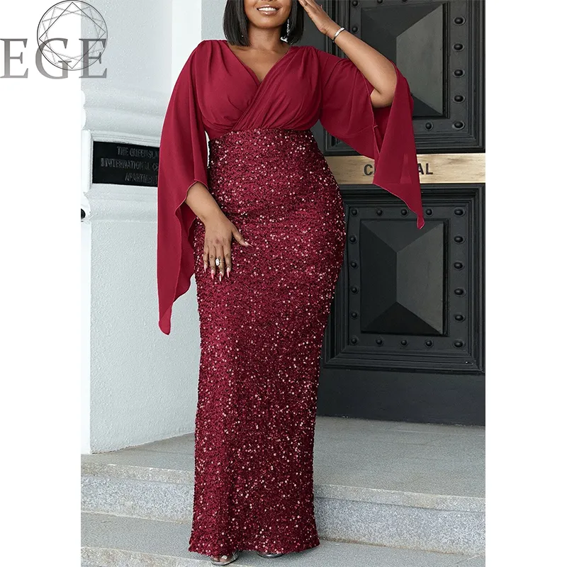 2023 Plus Size Luxury Dress Shiny Chiffon Loose Sherfang Plus Size Elegant Banquet Midi V Neck Dress - Image 5