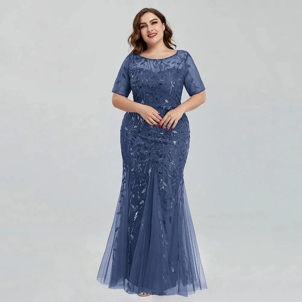 2023 Plus Size Sequin Mesh Mermaid Slim Evening Dress Beaded Leaves Pattern Formal  Women Elegant Party Prom Gowns Short Sleeve - Image 3