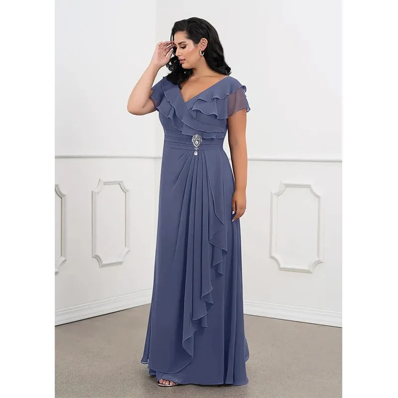 2023 Plus Size Spring Summer Ruffle V Neck Chiffon Luxury Dress 4XL5XL Wedding Party Elegant Maxi Plus Size Evening Dresses - Image 5