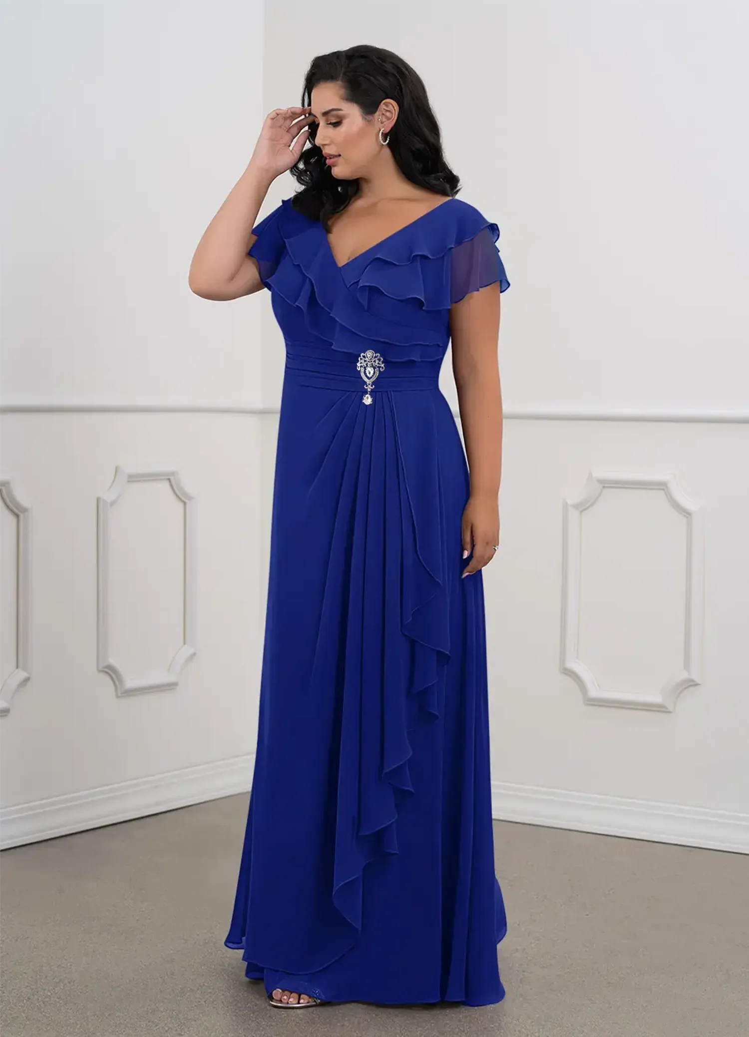 2023 Plus Size Spring Summer Ruffle V Neck Chiffon Luxury Dress 4XL5XL Wedding Party Elegant Maxi Plus Size Evening Dresses - Image 8