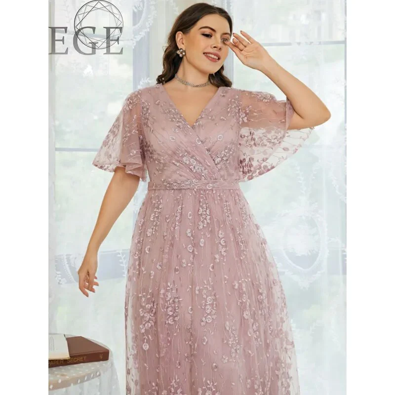 2023 Plus Size V Neck Embroidered Pink Loose Dress 5XL6XLMaxi Loose Elegant Party Party Chiffon Lace Dress - Image 2