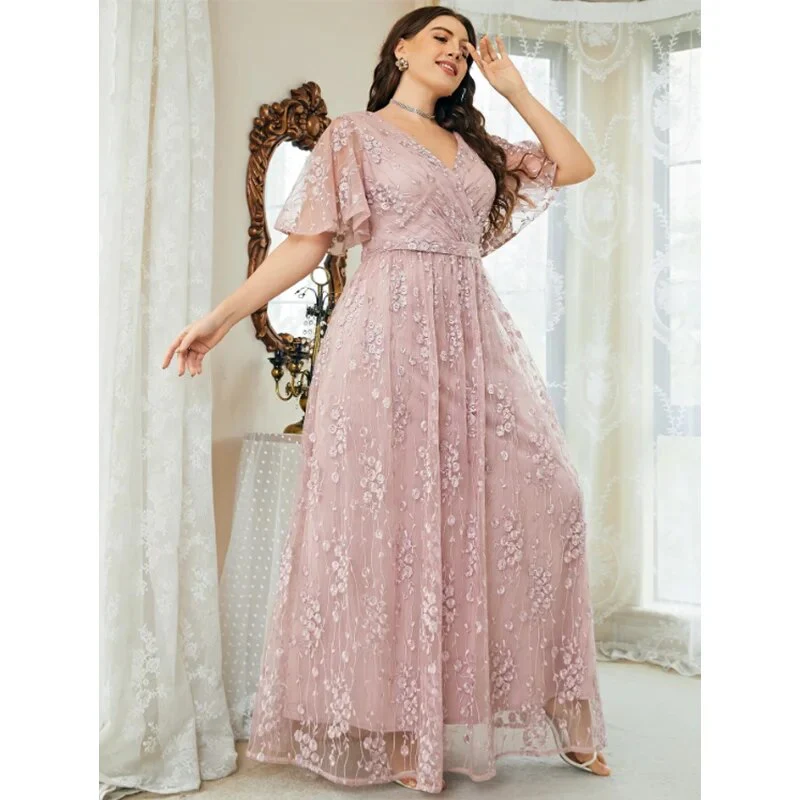 2023 Plus Size V Neck Embroidered Pink Loose Dress 5XL6XLMaxi Loose Elegant Party Party Chiffon Lace Dress - Image 3