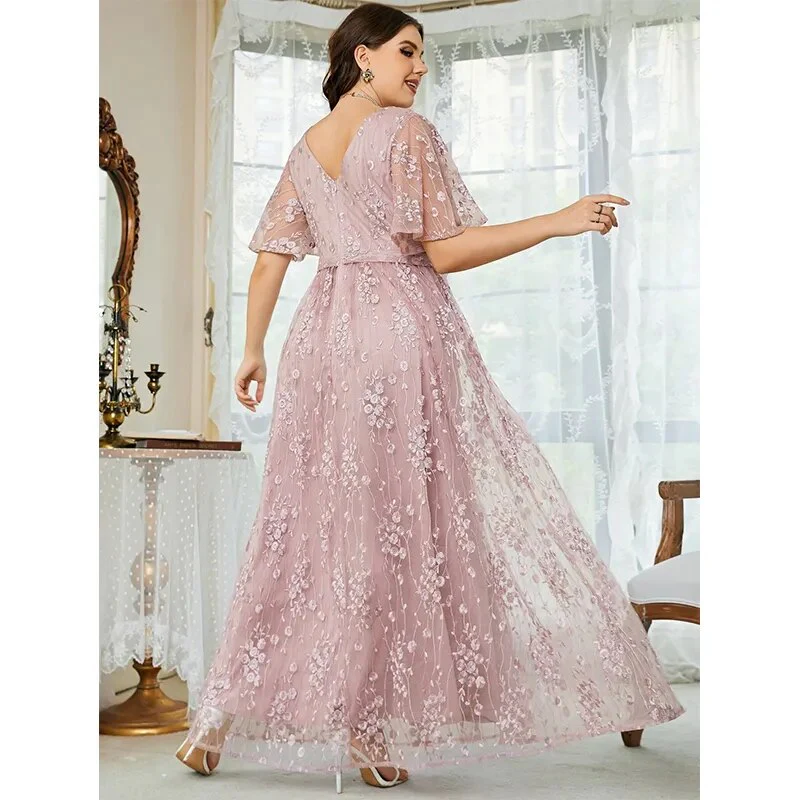 2023 Plus Size V Neck Embroidered Pink Loose Dress 5XL6XLMaxi Loose Elegant Party Party Chiffon Lace Dress - Image 6