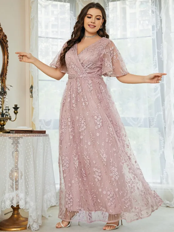 2023 Plus Size V Neck Embroidered Pink Loose Dress 5XL6XLMaxi Loose Elegant Party Party Chiffon Lace Dress - Image 7