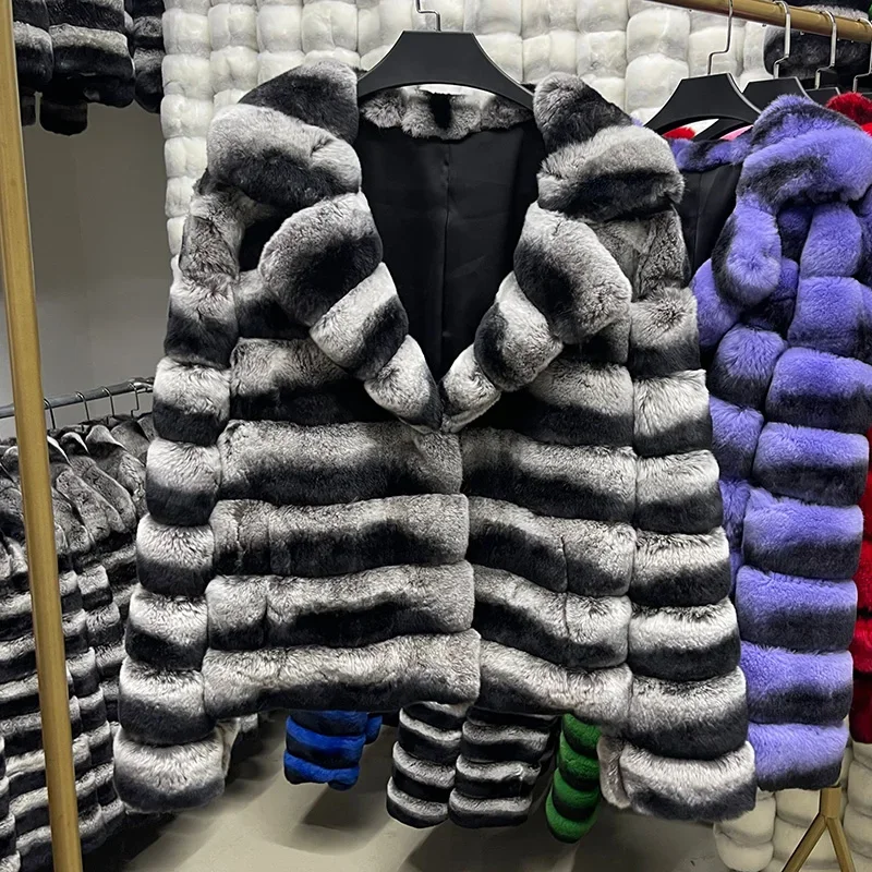 2023 Real Rex Rabbit Fur Winter Coat Women Thick Warm Jacket Lady Fashion Chinchilla Colour Outwear QQ6240 - Image 12