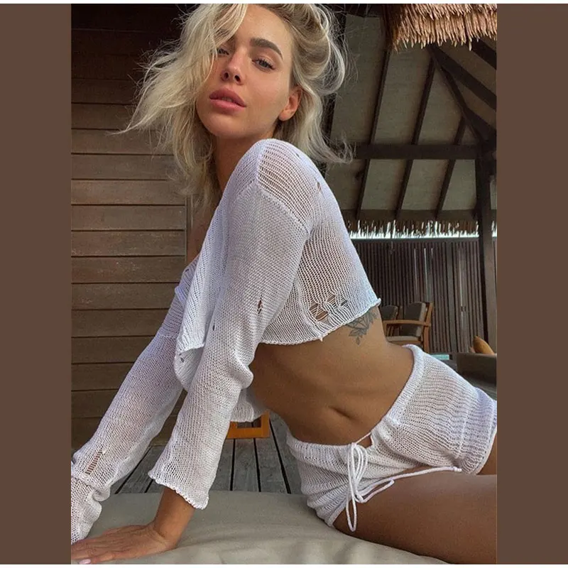 2023 Sexy Beach Crop Top Shorts Sets Women Knit Long Sleeve Lace Up Female Suit Summer Holiday See Through 2 Piece Set Womens - Image 3