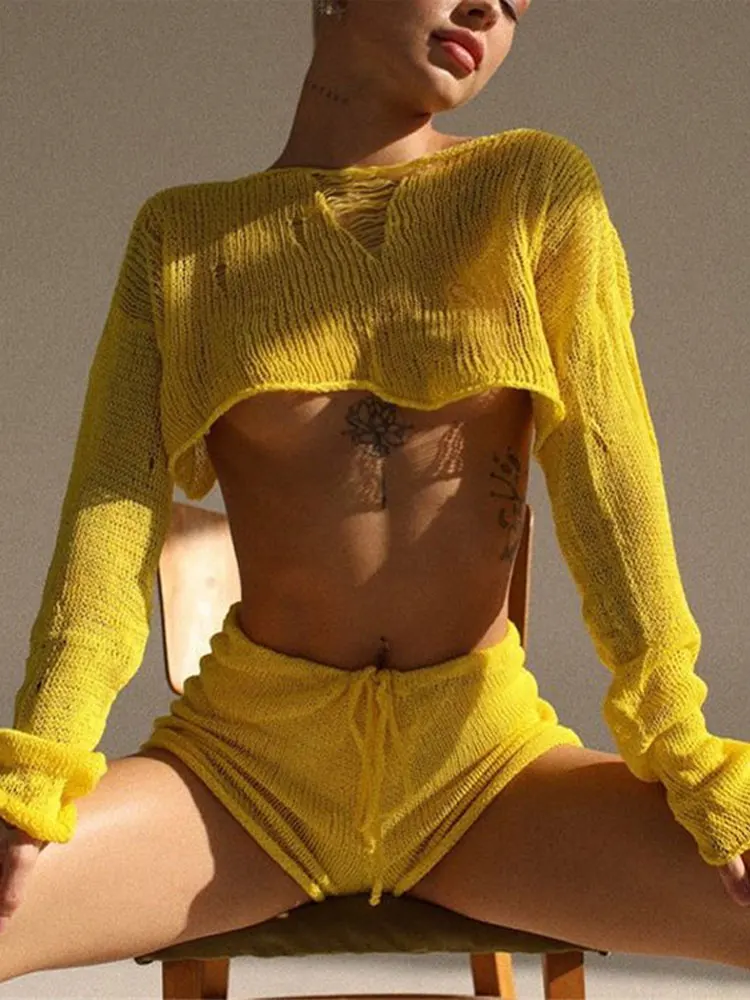 2023 Sexy Beach Crop Top Shorts Sets Women Knit Long Sleeve Lace Up Female Suit Summer Holiday See Through 2 Piece Set Womens - Image 4
