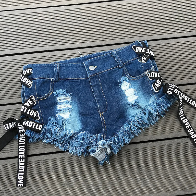 2023 Sexy Low Waist Bandage Denim Ripped Hole Short Jeans Women Mini Skinny Sexy Club DJ Dance Shorts New White Blue Black - Image 4