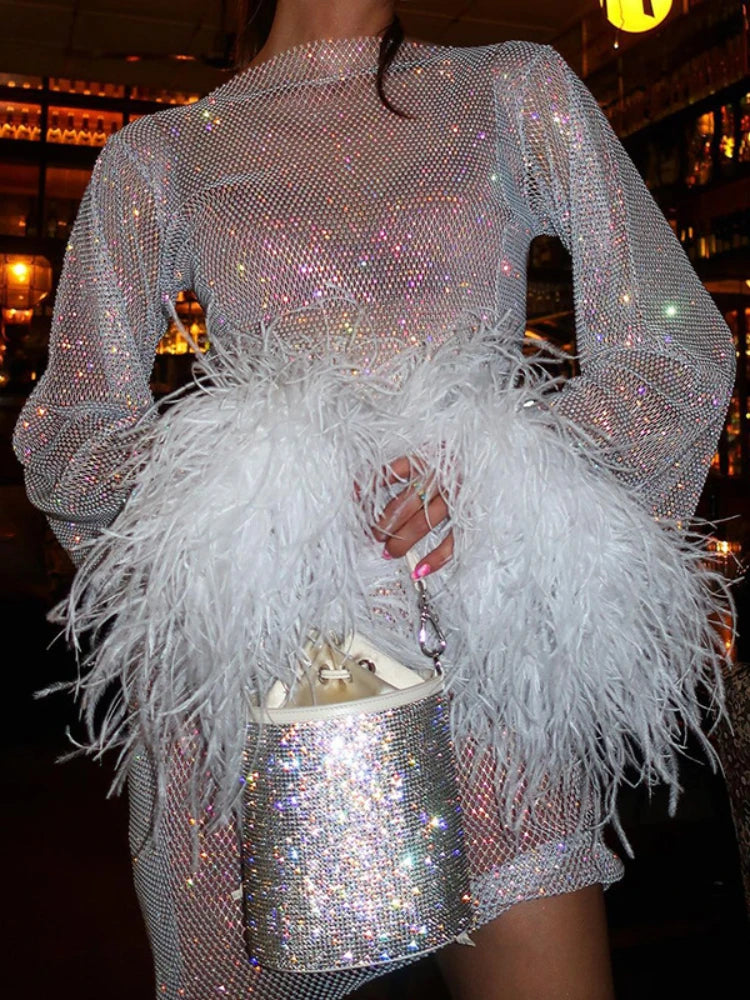 2023 Sexy Mesh Mini Dress Women Fashion Feathers Tassel Full Sleeve See Through Dress Summer Pink Shinny Club Party Dress Outfit - Image 2