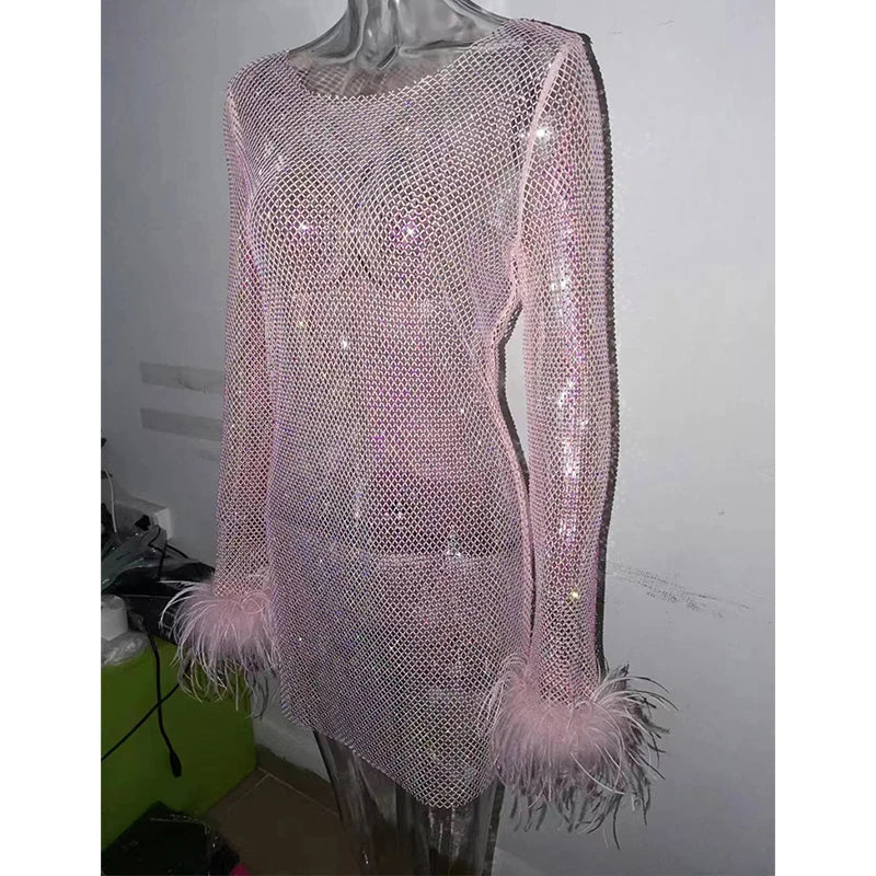 2023 Sexy Mesh Mini Dress Women Fashion Feathers Tassel Full Sleeve See Through Dress Summer Pink Shinny Club Party Dress Outfit - Image 5