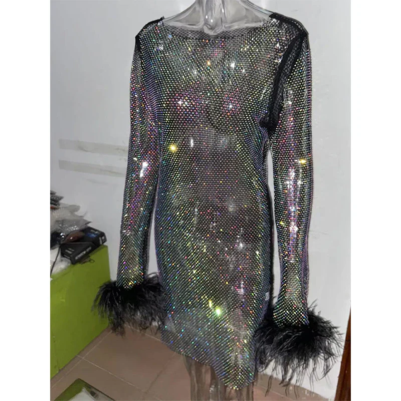 2023 Sexy Mesh Mini Dress Women Fashion Feathers Tassel Full Sleeve See Through Dress Summer Pink Shinny Club Party Dress Outfit - Image 6