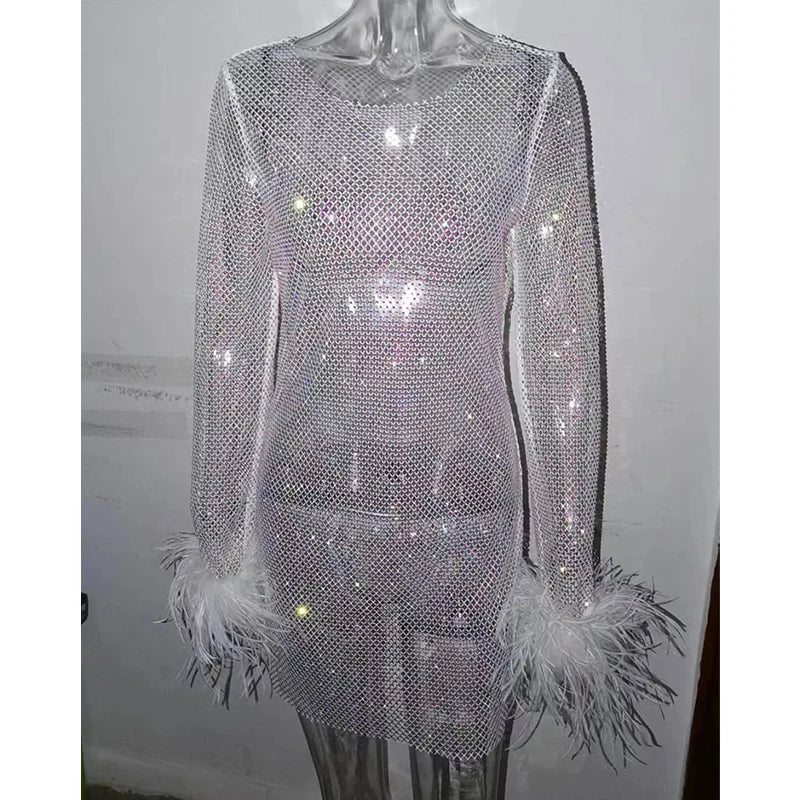 2023 Sexy Mesh Mini Dress Women Fashion Feathers Tassel Full Sleeve See Through Dress Summer Pink Shinny Club Party Dress Outfit - Image 7