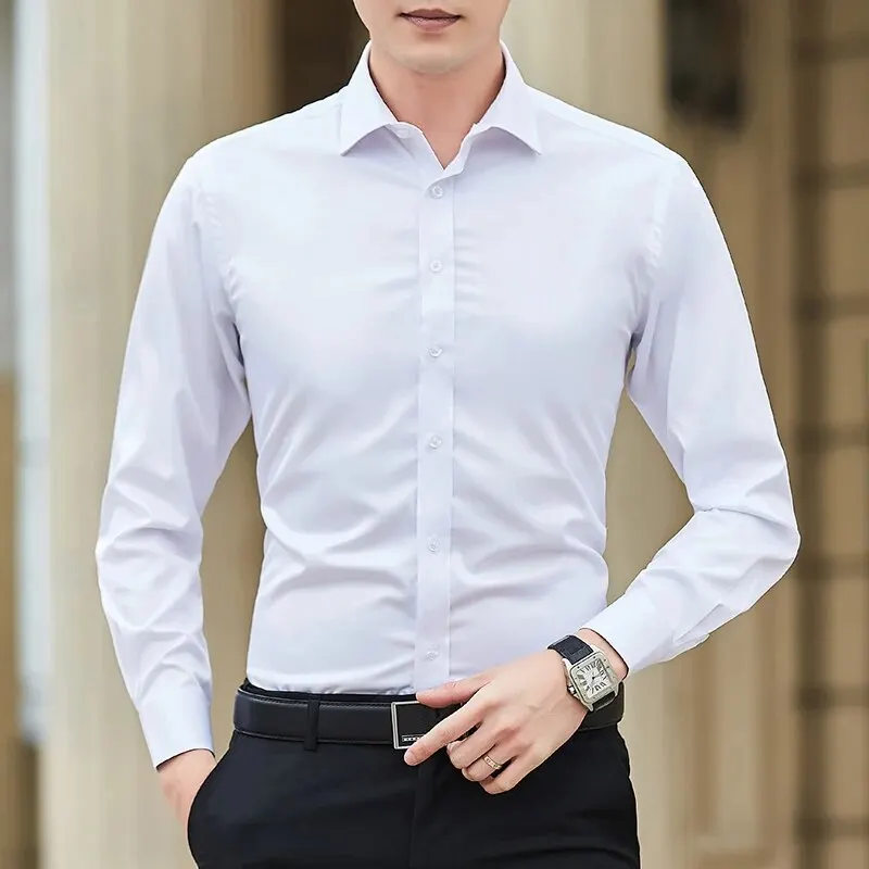 2023 Spring and Autumn Men's Shirt Oxford Cotton Fabric Shirt Long Sleeve Solid Color Polo Neck Shirt Business Casual Fit Top - Image 2