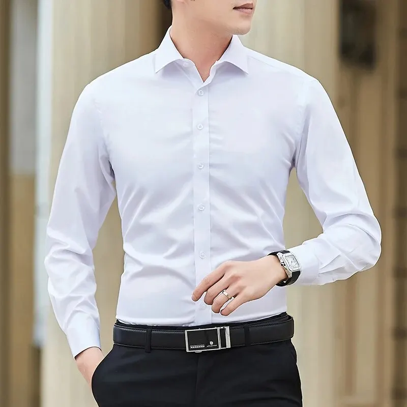 2023 Spring and Autumn Men's Shirt Oxford Cotton Fabric Shirt Long Sleeve Solid Color Polo Neck Shirt Business Casual Fit Top - Image 3