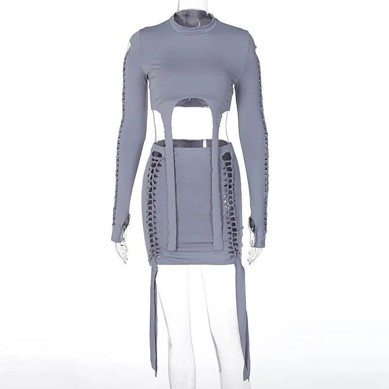 2023 Spring and Summer New Fashion Hole Long-sleeved Top Slim Short Skirt Suit Women's Wear - Image 4