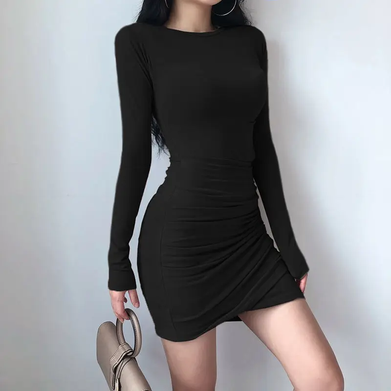 2023 Spring Autumn Women's Shirt Dress O-Neck Long Sleeve Korean Fashion Mini Sexy Robe Femme Folds Chic Bodycon Vestidos Mujer - Image 7