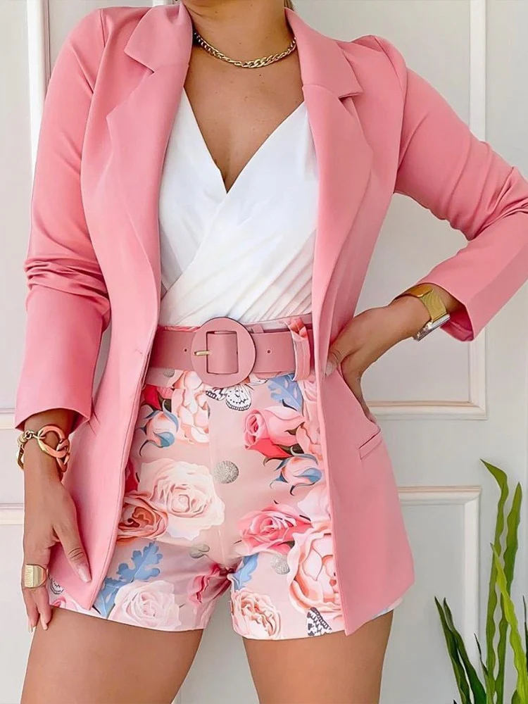 Sexy 2023 Spring Summer New Fashion Casual Print Suit Small Women's Dress Two Piece Sets Blazer Shorts - Image 4