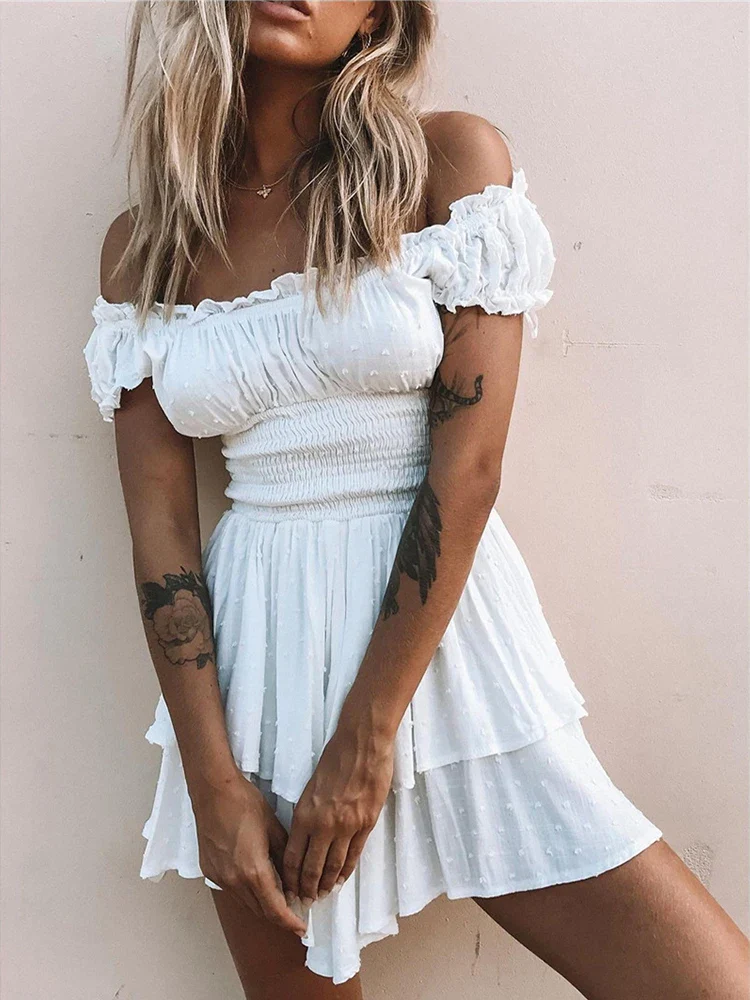2023 Summer Cotton and Linen Dress Short Sleeve Dress Fashion Slim Ruffle Mini Dress Womens Sexy White Strapless Dress - Image 2