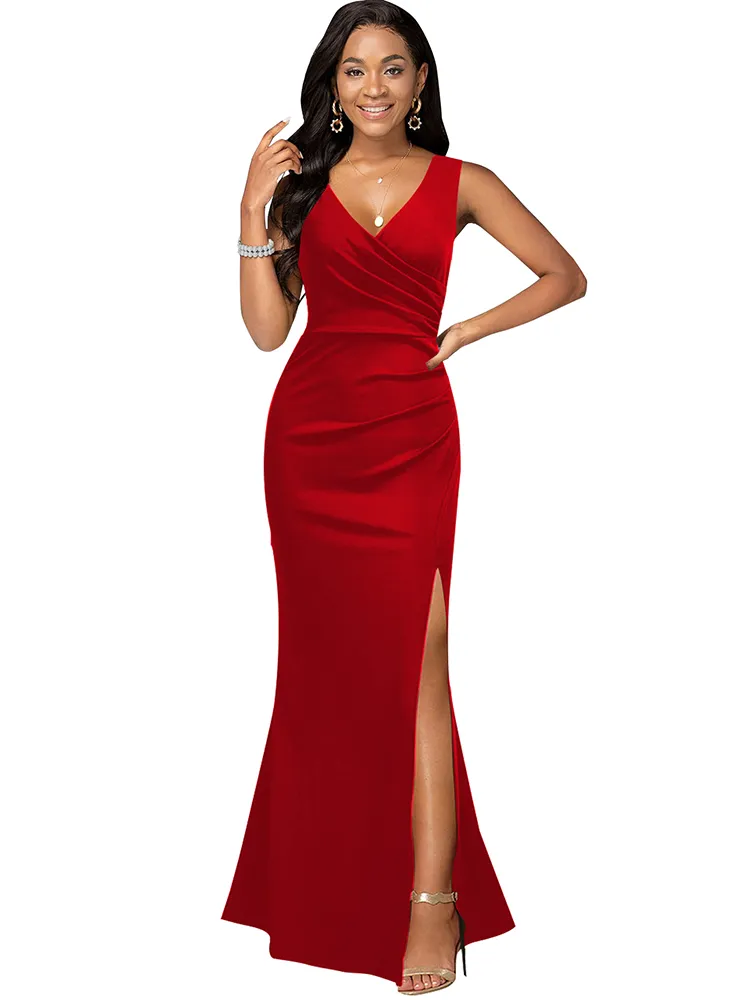 2023 Summer Dresses For Women Solid V-neck Sleeveless Split Dress Vestidos De Mujer Casual Elegant Maxi Robe Female - Image 3