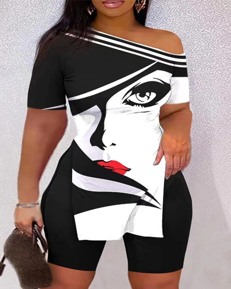 2023 Sexy Summer Fashion Printed Two Piece Set Short Sleeve Split T-Shirt shorts - Image 3