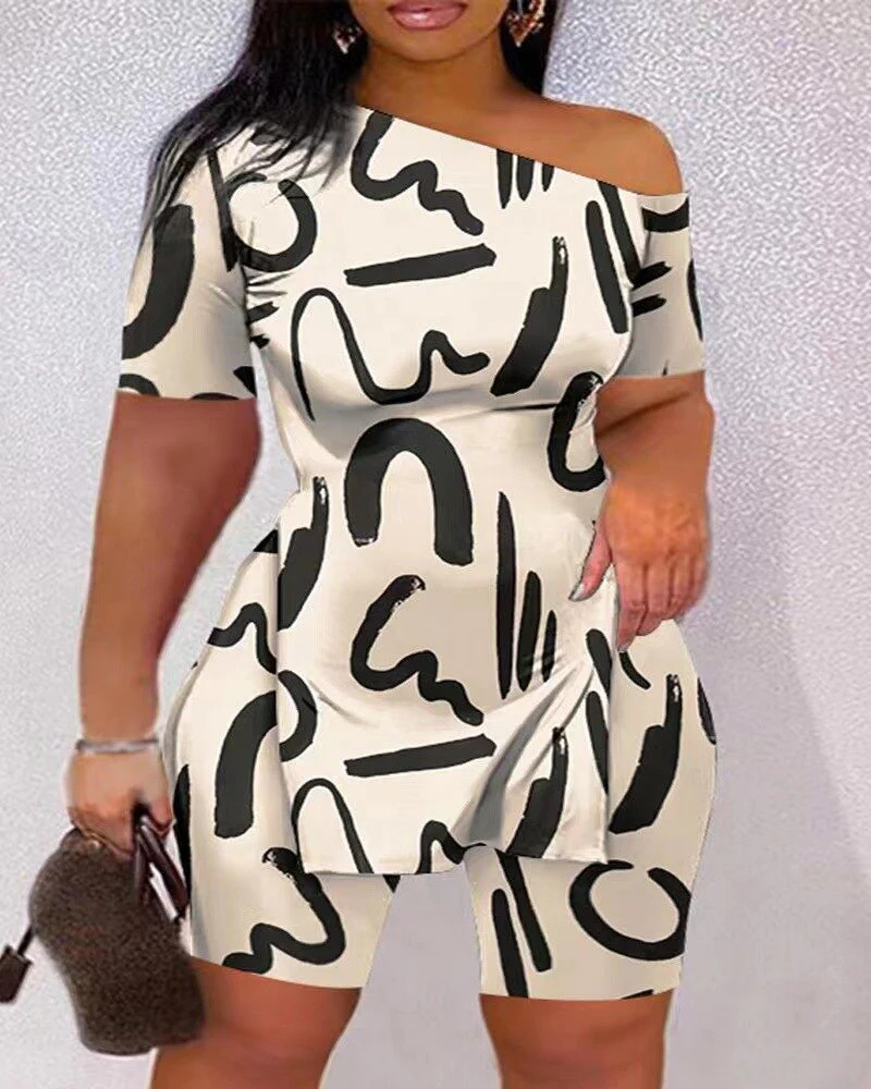 2023 Sexy Summer Fashion Printed Two Piece Set Short Sleeve Split T-Shirt shorts - Image 4
