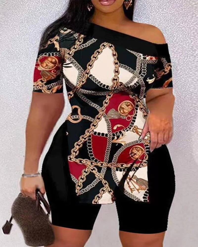 2023 Sexy Summer Fashion Printed Two Piece Set Short Sleeve Split T-Shirt shorts - Image 6