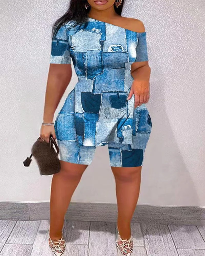 2023 Sexy Summer Fashion Printed Two Piece Set Short Sleeve Split T-Shirt shorts - Image 7