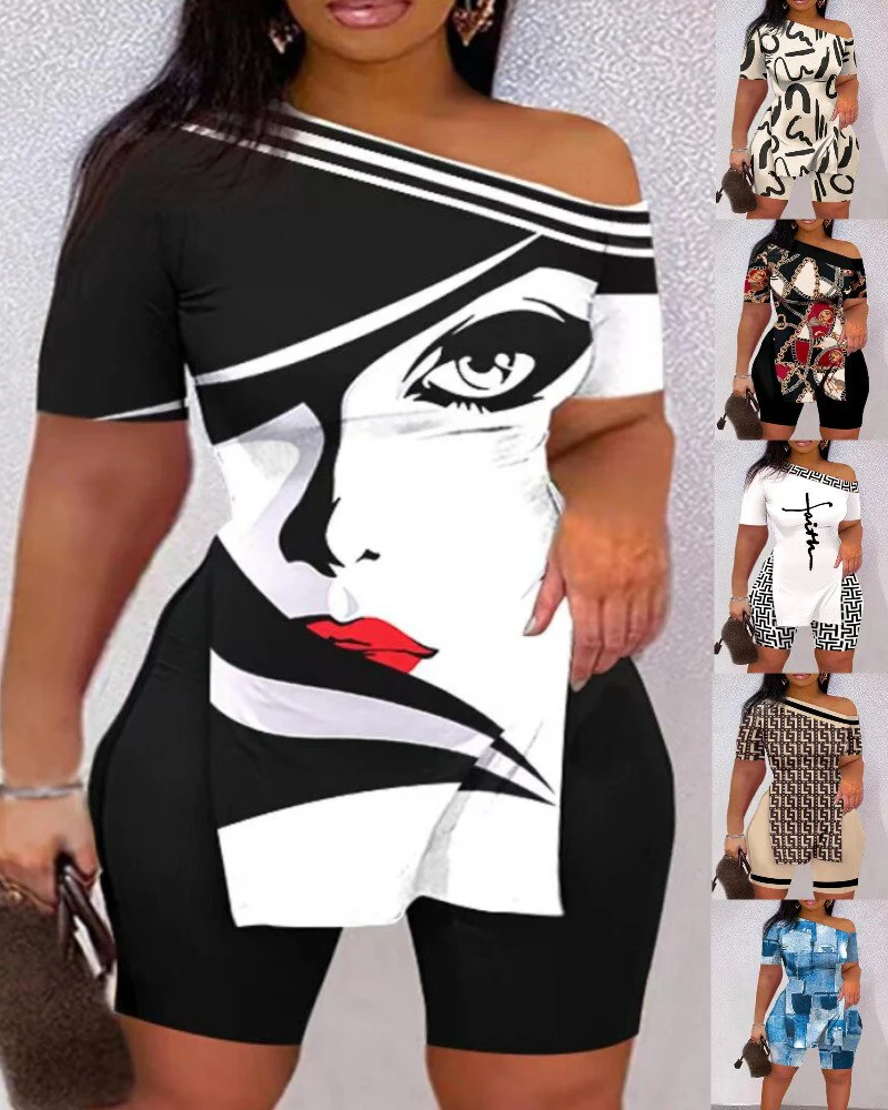 2023 Sexy Summer Fashion Printed Two Piece Set Short Sleeve Split T-Shirt shorts - Image 8