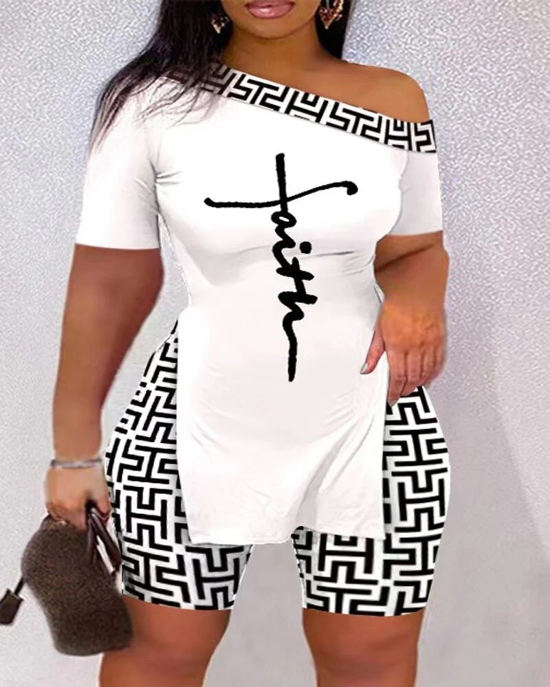 2023 Sexy Summer Fashion Printed Two Piece Set Short Sleeve Split T-Shirt shorts - Image 9