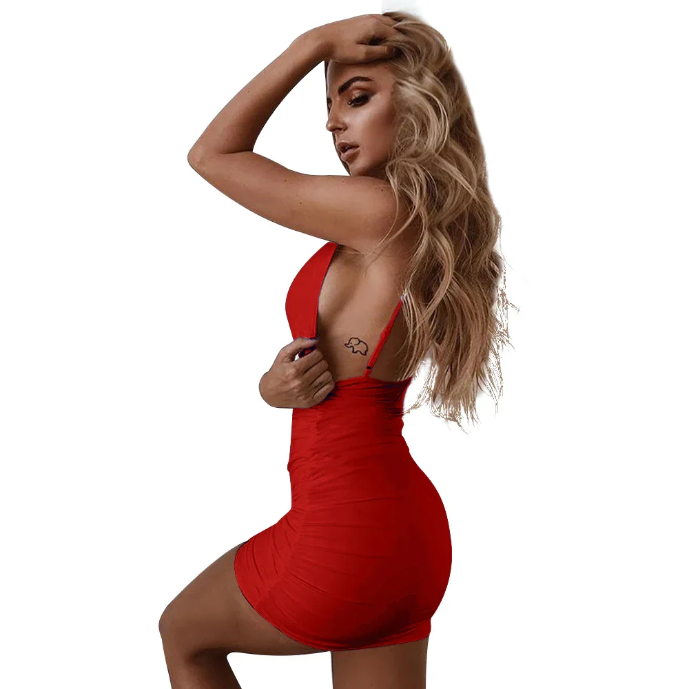 2023 Summer Hot Style Night Club Sexy Side Seam Wrinkled Suspender Mini Dress - Image 5