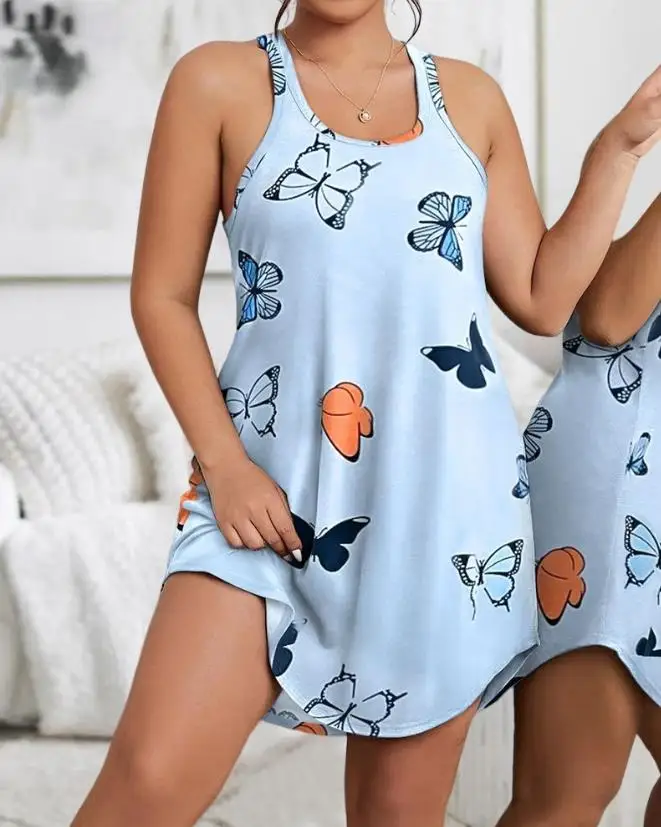 2023 Summer New Casual Women's Nightwear Fashion Sexy Comfortable Round Neck Plus Size Butterfly Print Sleeveless Sleep Dress - Image 7