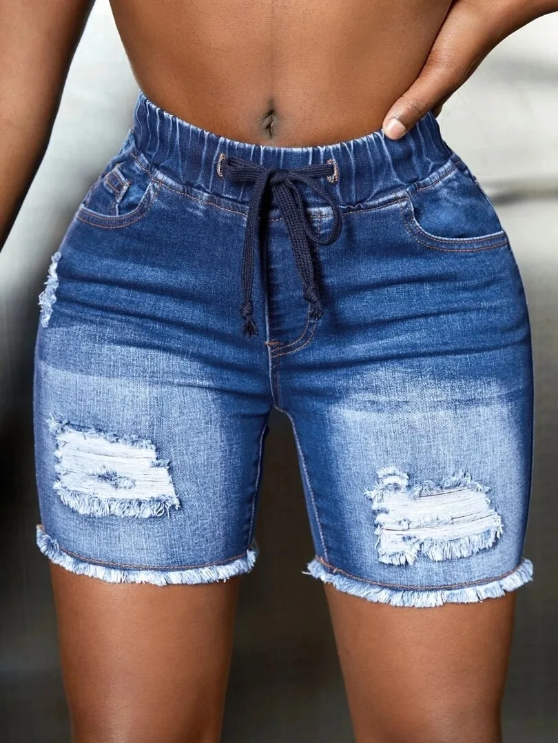 2023 Summer New Elastic Waist Ripped Denim Shorts For Women Fashion High Stretch Skinny Tassel Sexy Shorts Jeans Casual Clothing - Image 5