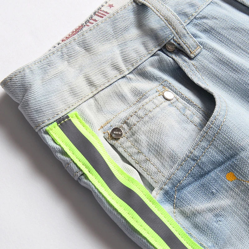 2023 Summer New Mens Ripped Short Jeans Brand Clothing Bermuda Cotton Side Stripe Fluorescent Shorts Breathable Denim Shorts - Image 3