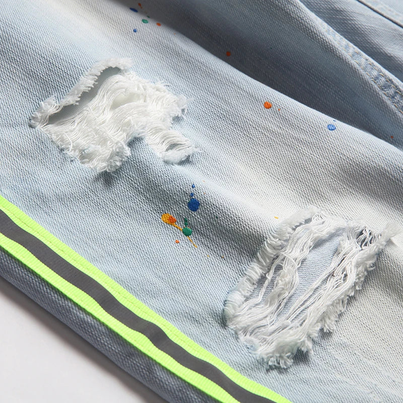 2023 Summer New Mens Ripped Short Jeans Brand Clothing Bermuda Cotton Side Stripe Fluorescent Shorts Breathable Denim Shorts - Image 4