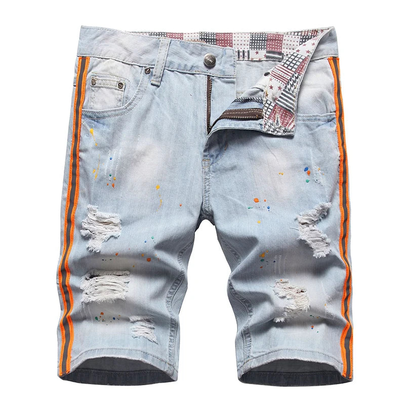 2023 Summer New Mens Ripped Short Jeans Brand Clothing Bermuda Cotton Side Stripe Fluorescent Shorts Breathable Denim Shorts - Image 5