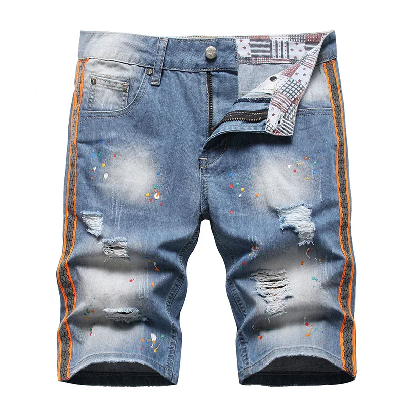 2023 Summer New Mens Ripped Short Jeans Brand Clothing Bermuda Cotton Side Stripe Fluorescent Shorts Breathable Denim Shorts - Image 6