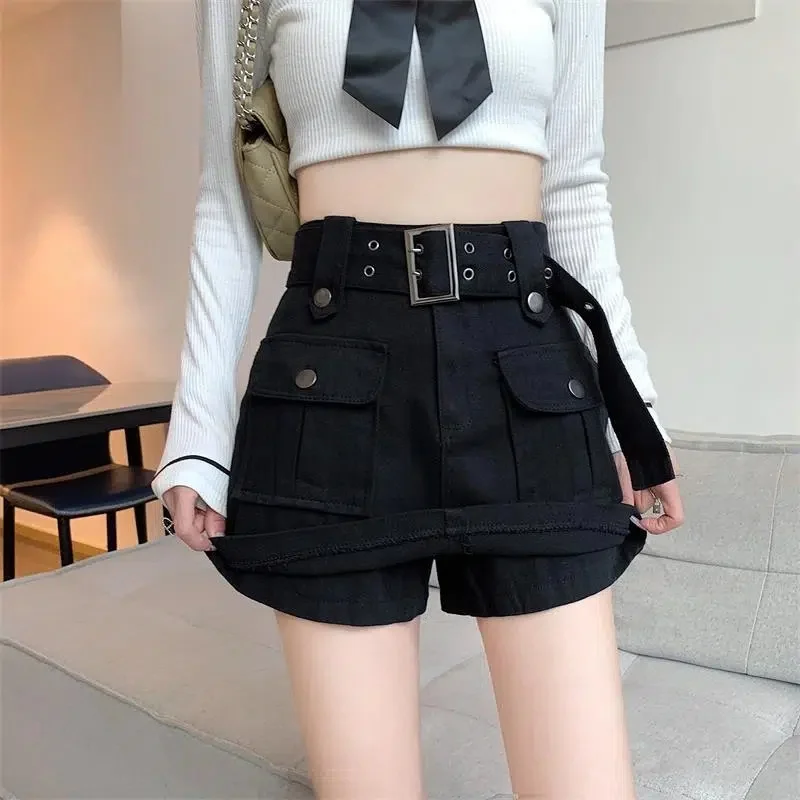 2023 Summer Safari Style Women Denim Pantskirt High-waist Short Slim A-line Jean Skirts Lady Anti-expose Lining Wide-leg Shorts - Image 10