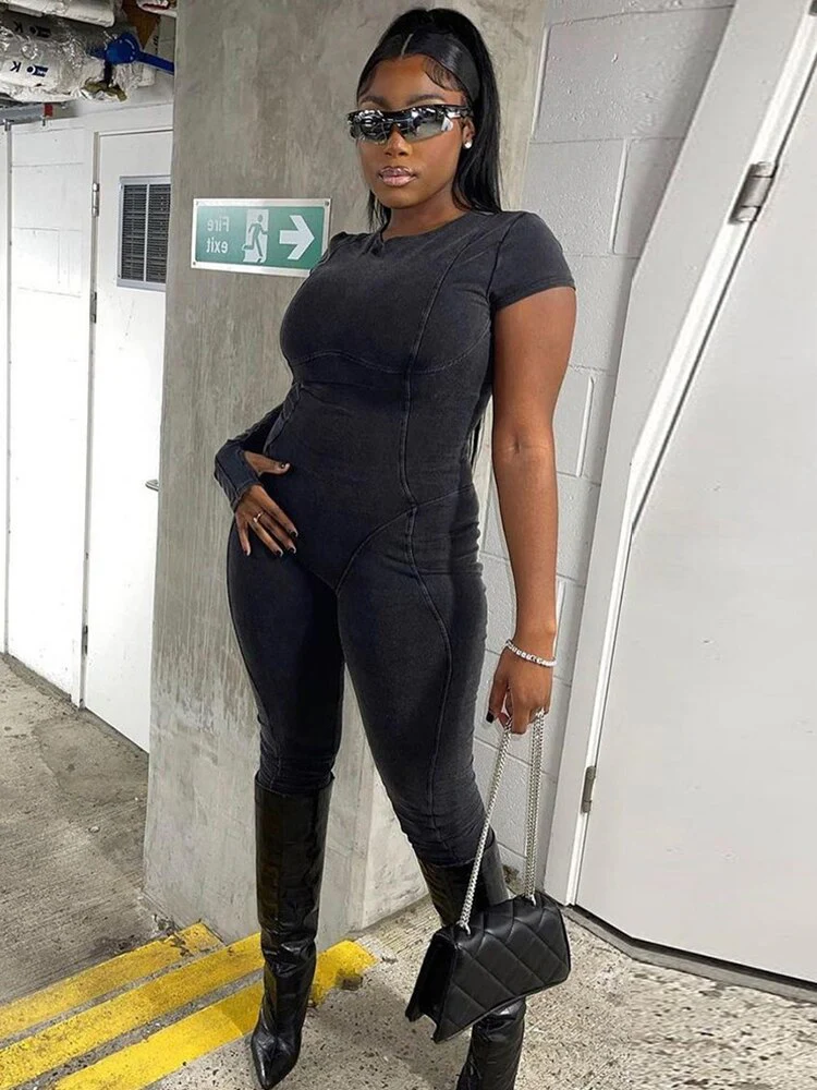 Sexy 2023 Summer Slim Denim Jumpsuits Women Sport Short Sleeve Solid Playsuit Overalls - Image 4