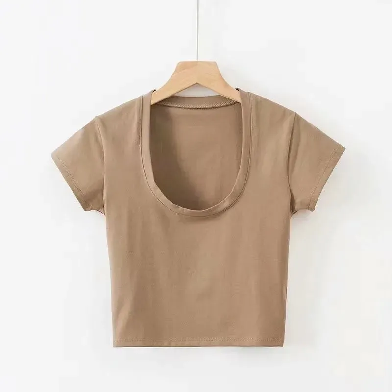 2023 Summer Slim Sports Vest Sexy Women Short Sleeve U-Neck Gray Tee Tank Tops Female Solid Black/White Korean Crop Tops Y2k - Image 4